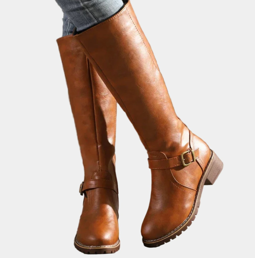 Women's Knee High Boots Buckle-Strap Riding Block Heel - Brown