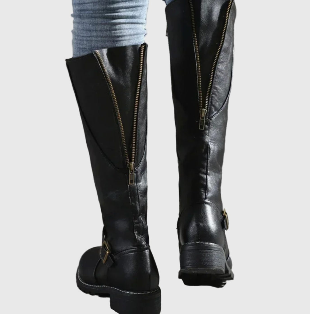 Women's Knee High Boots Buckle-Strap Riding Block Heel