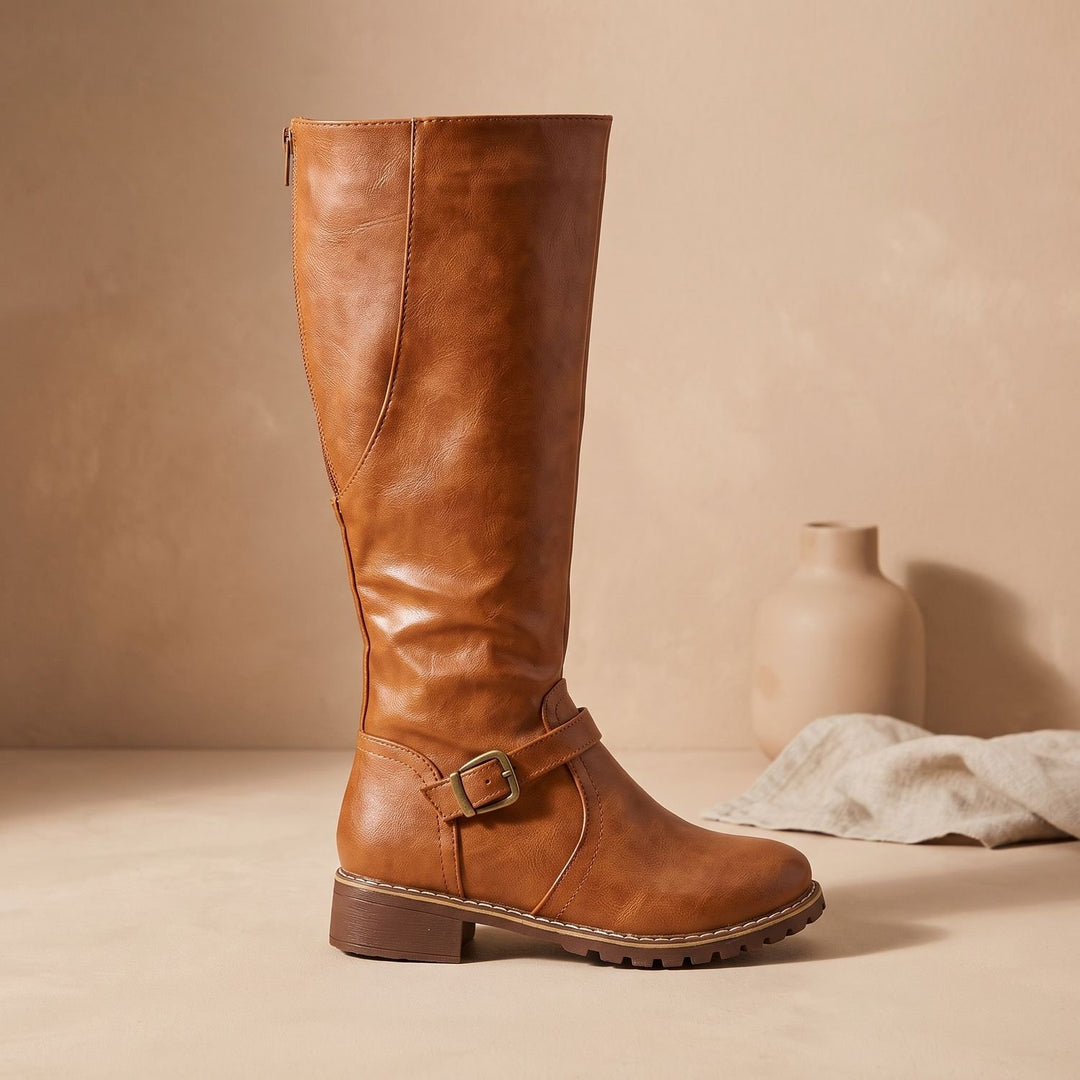 Women's Knee High Boots Faux Leather Buckle Side-Zip Riding Boot
