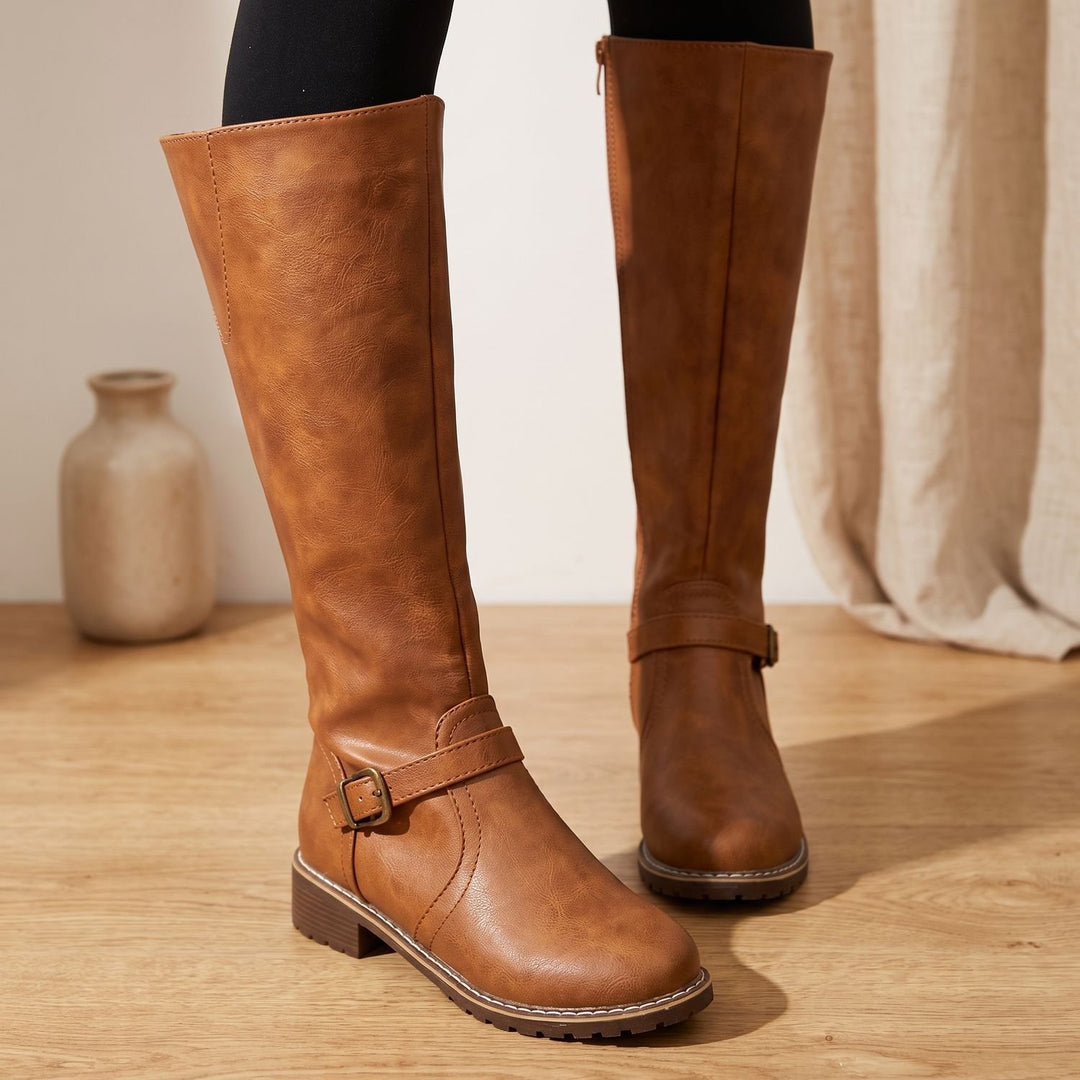 Women's Knee High Boots Faux Leather Buckle Side-Zip Riding Boot