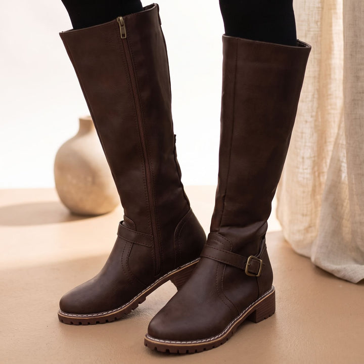 Women's Knee High Boots Faux Leather Buckle Side-Zip Riding Boot