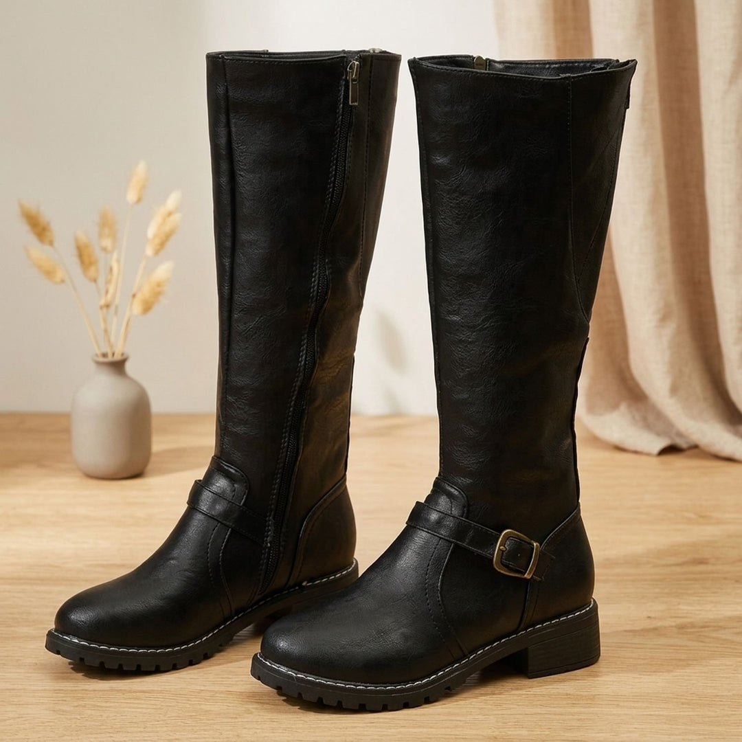 Women's Knee High Boots Faux Leather Buckle Side-Zip Riding Boot - Black