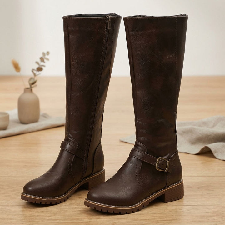 Women's Knee High Boots Faux Leather Buckle Side-Zip Riding Boot