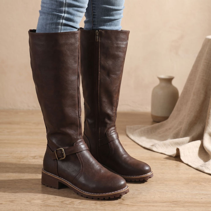 Women's Knee High Boots Faux Leather Buckle Side-Zip Riding Boot - Dark Brown