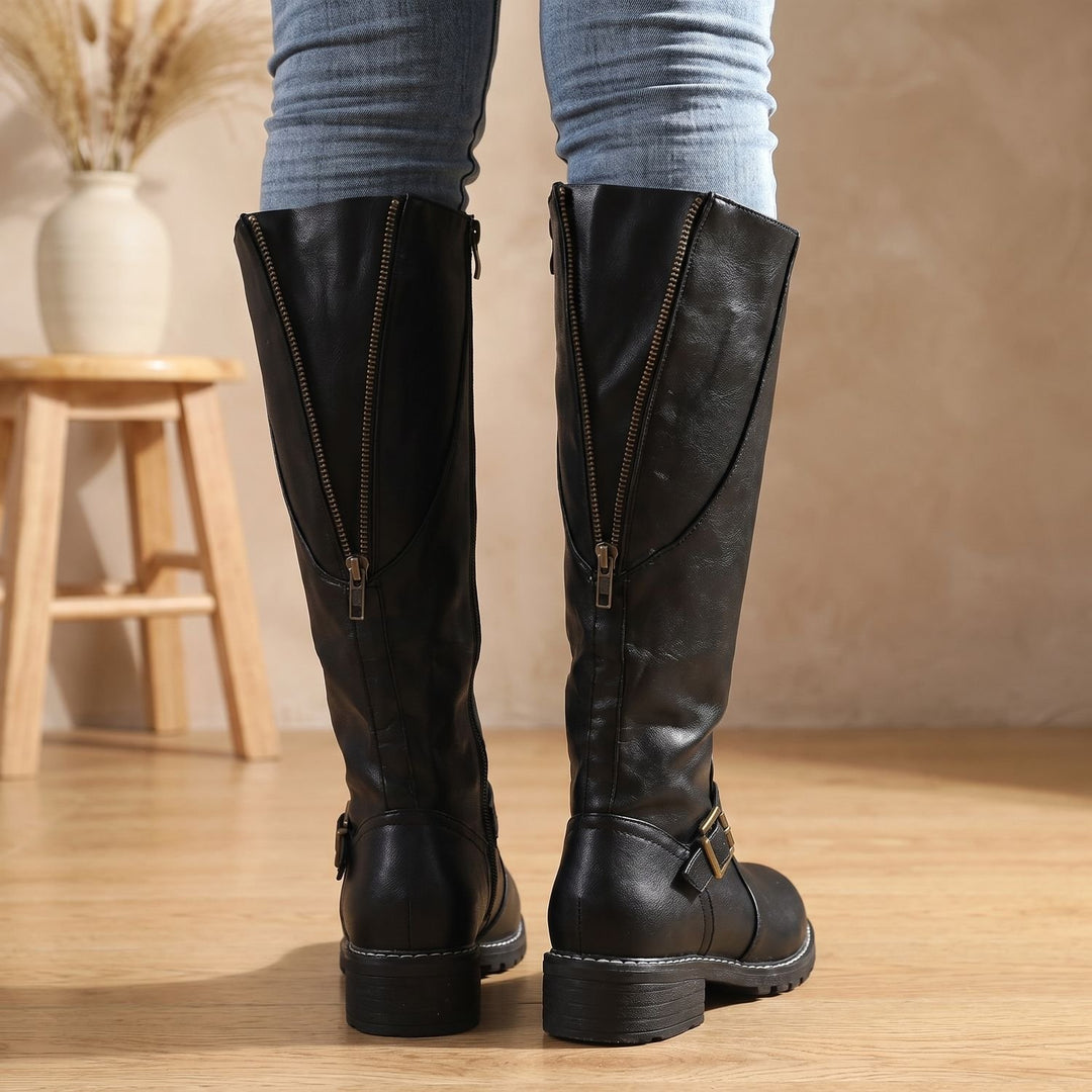 Women's Knee High Boots Faux Leather Buckle Side-Zip Riding Boot