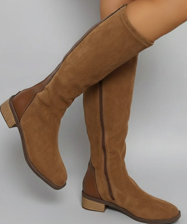 Women's Knee High Boots Suede Look Low Block Heel Side Zip - Light Brown