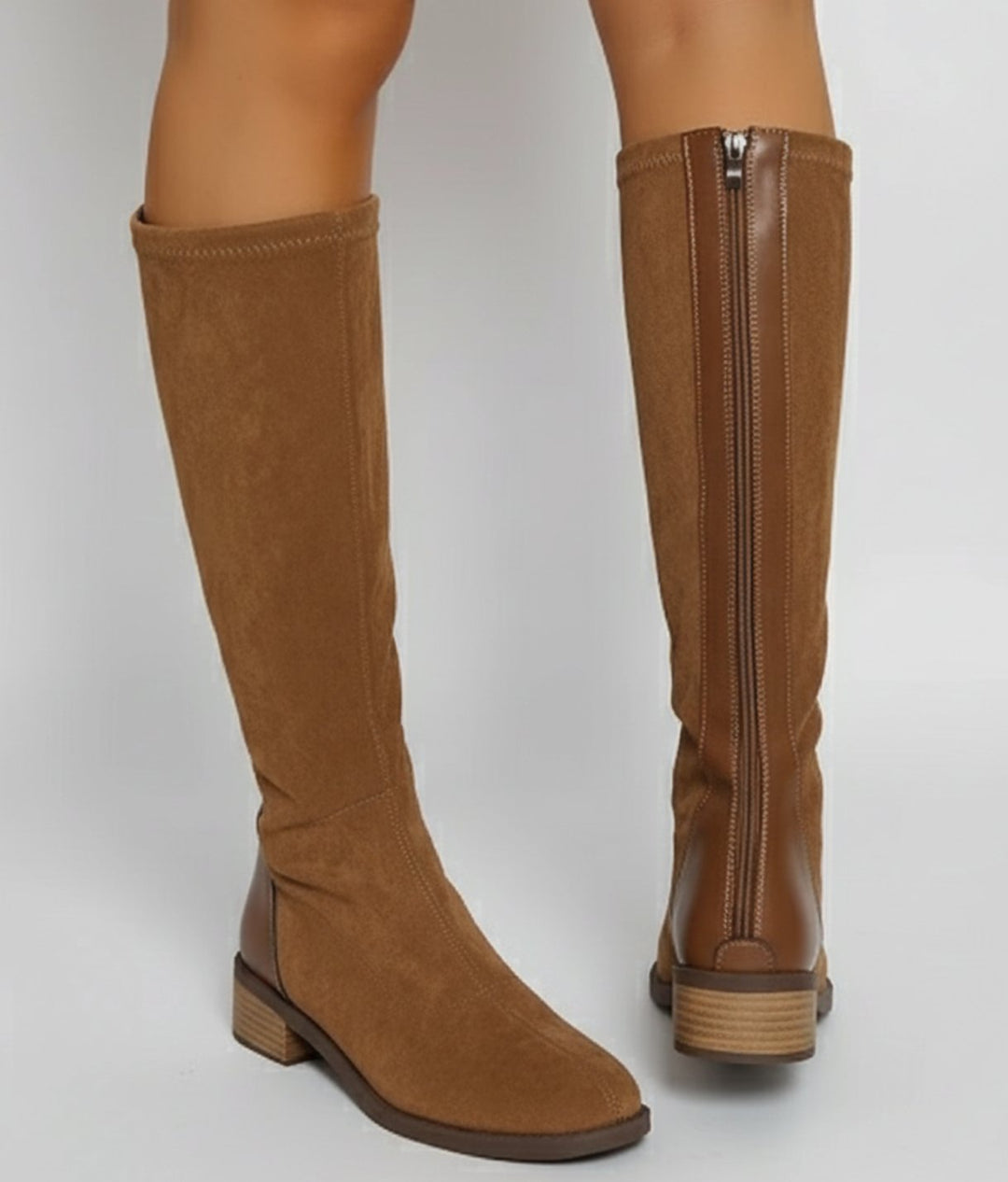 Women's Knee High Boots Suede Look Low Block Heel Side Zip