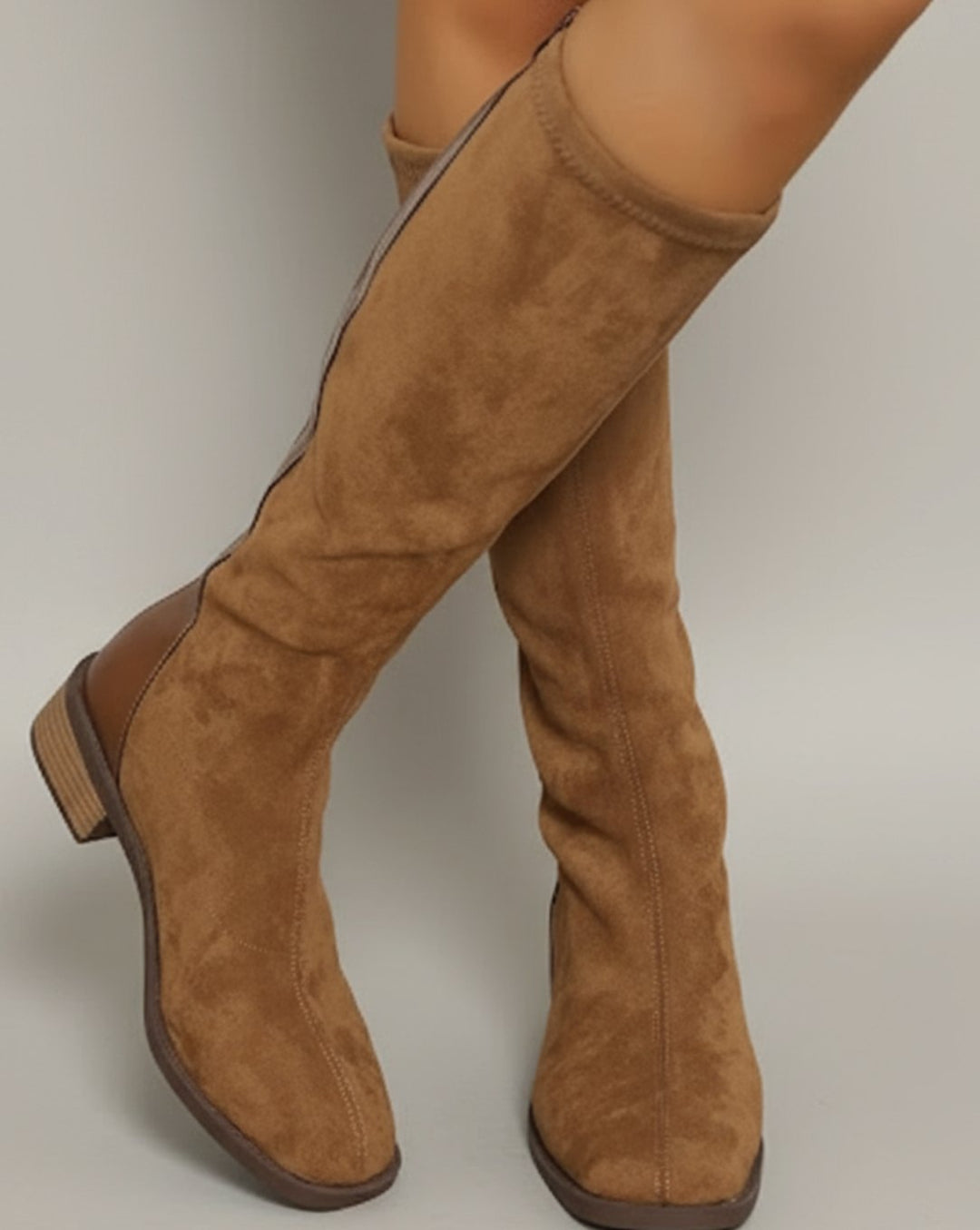 Women's Knee High Boots Suede Look Low Block Heel Side Zip