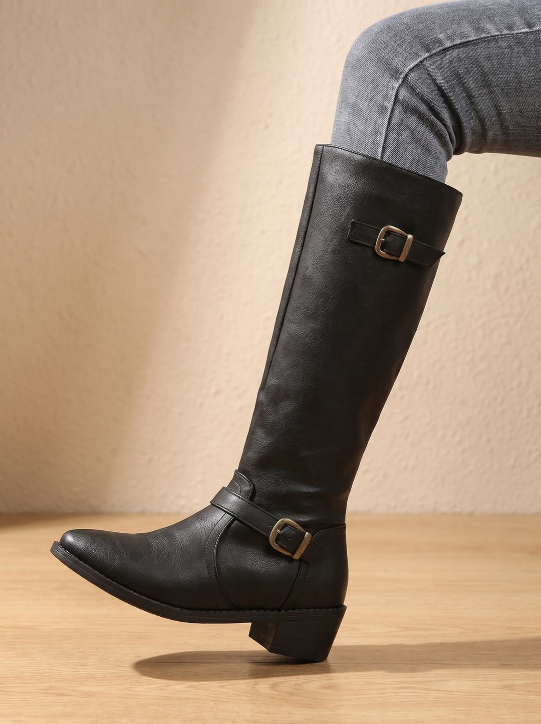 Women's Knee-High Buckle-Strap Low Block Heel Riding Boots - Black