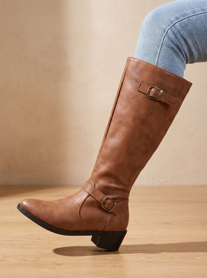Women's Knee-High Buckle-Strap Low Block Heel Riding Boots - Light Brown