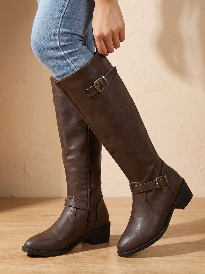 Women's Knee-High Buckle-Strap Low Block Heel Riding Boots - Dark Brown