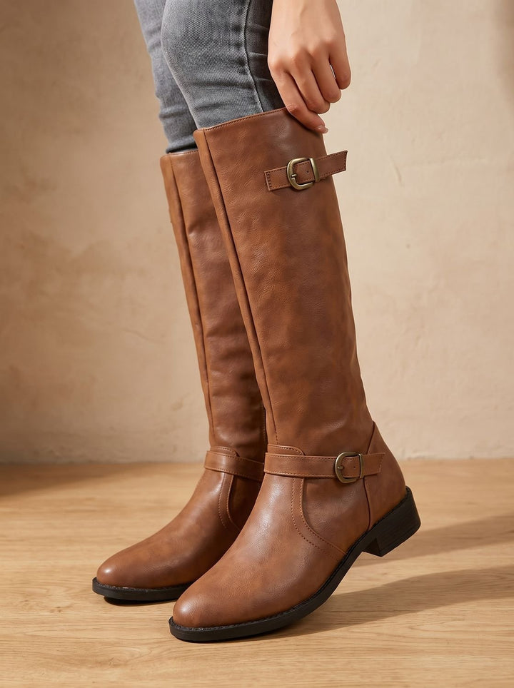 Women's Knee-High Buckle-Strap Low Block Heel Riding Boots
