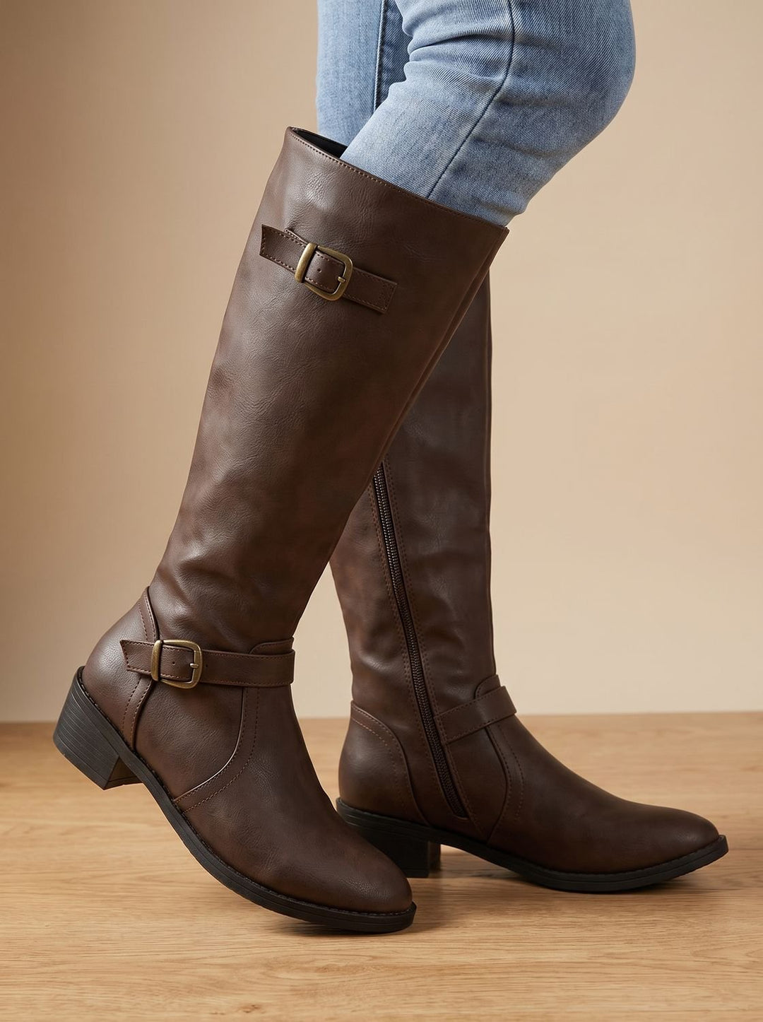 Women's Knee-High Buckle-Strap Low Block Heel Riding Boots