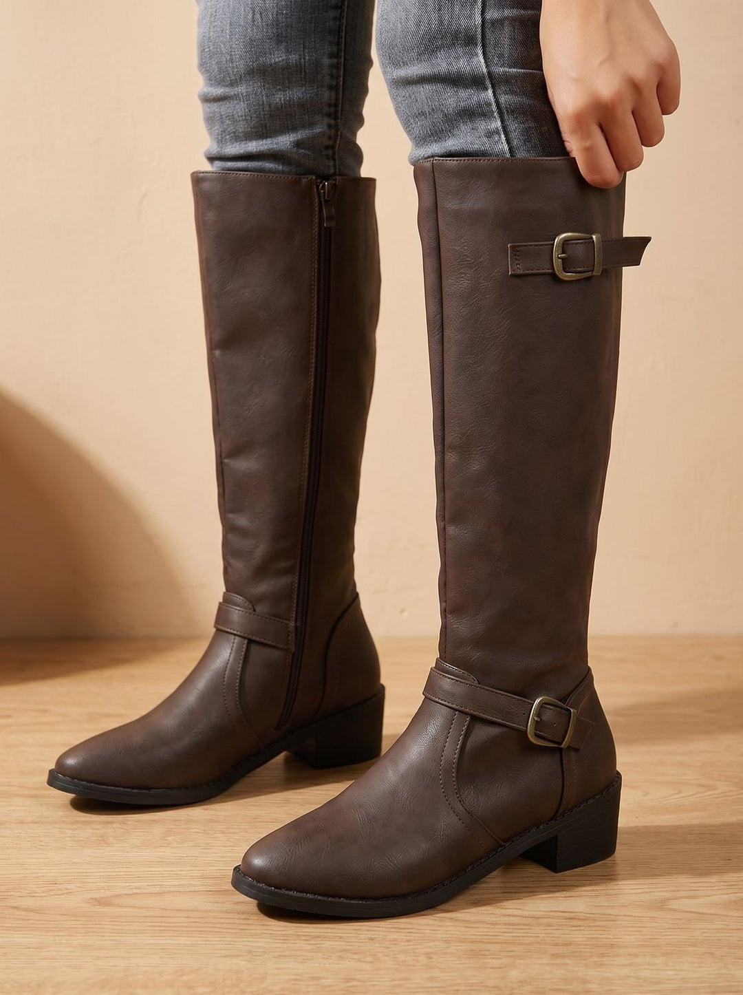 Women's Knee-High Buckle-Strap Low Block Heel Riding Boots