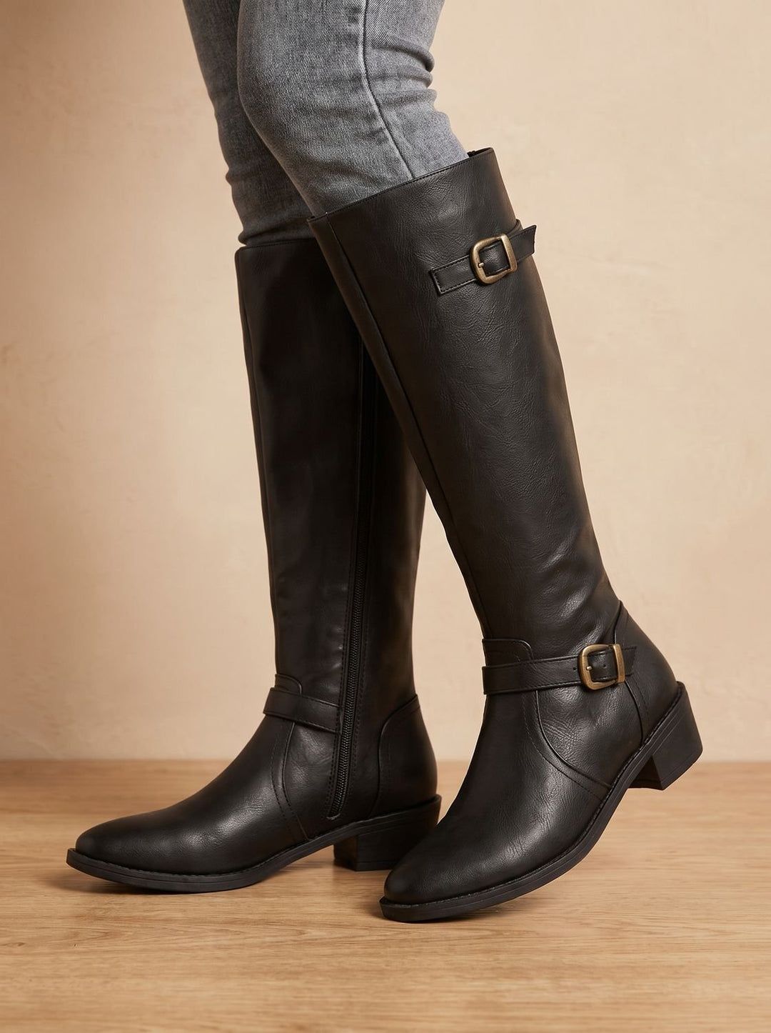 Women's Knee-High Buckle-Strap Low Block Heel Riding Boots