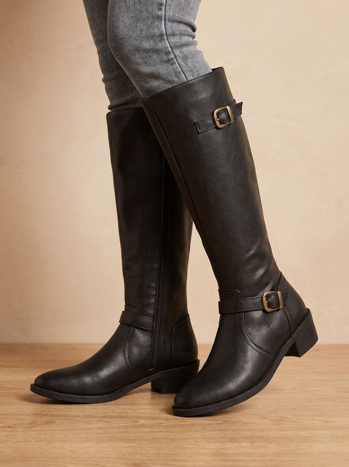 Women's Knee-High Buckle-Strap Low Block Heel Riding Boots