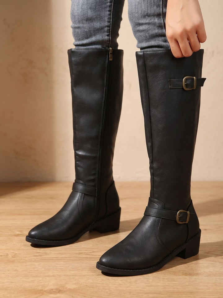 Women's Knee-High Buckle-Strap Low Block Heel Riding Boots