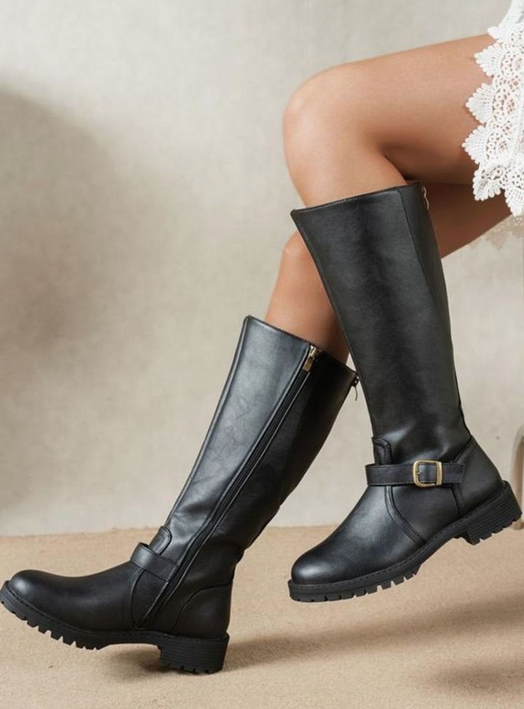 Women's Knee-High Buckle Zip Block-Heel Boots - Black