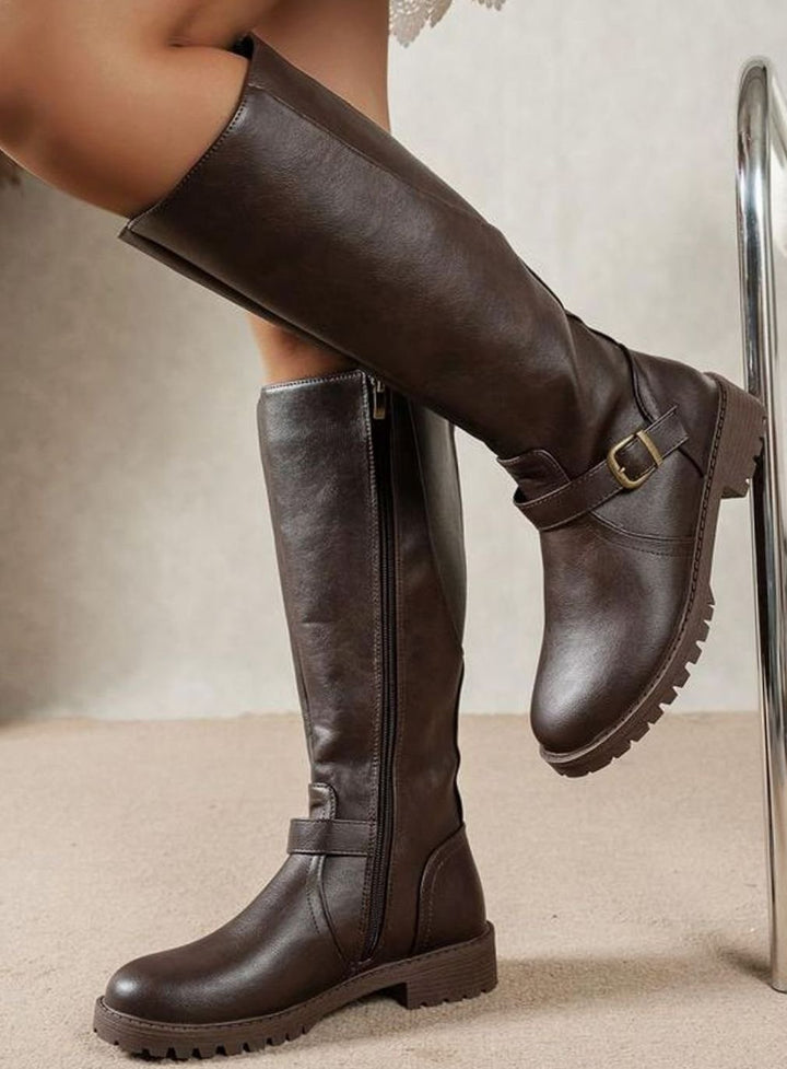 Women's Knee-High Buckle Zip Block-Heel Boots - Dark Brown
