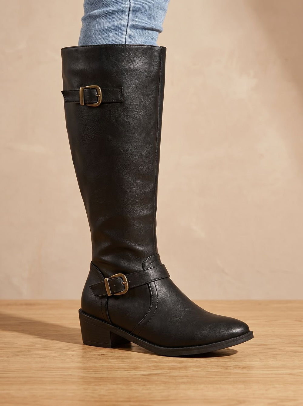 Women's Knee-High Double-Buckle Block-Heel Riding Boots