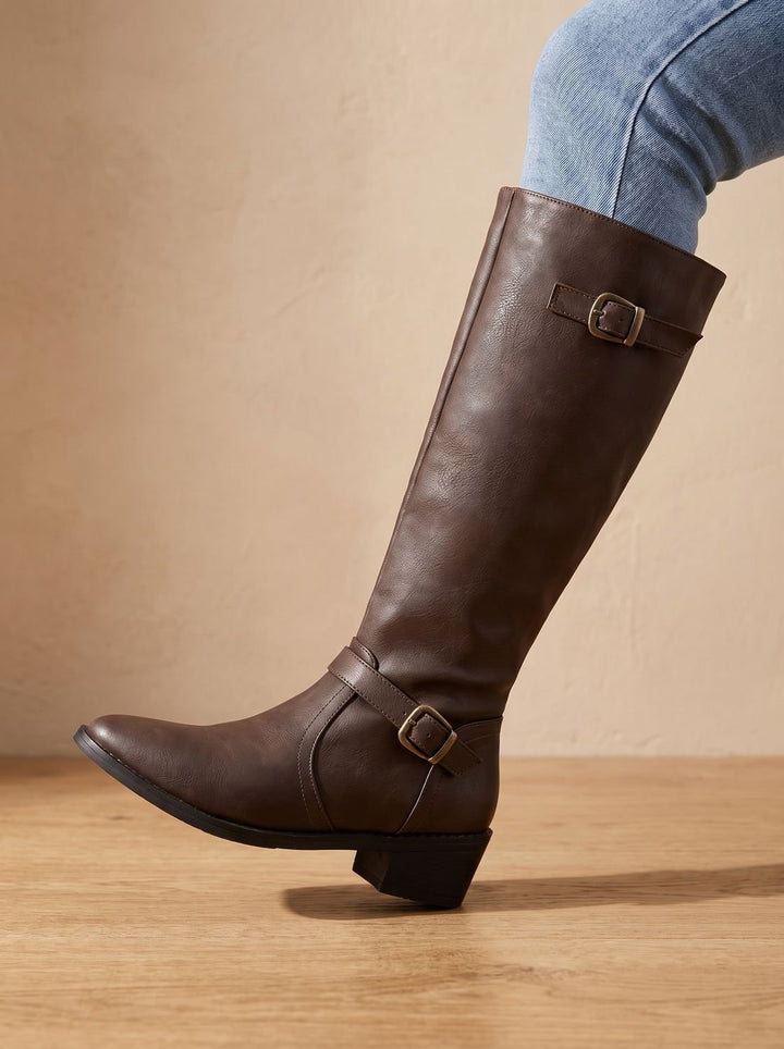 Women's Knee-High Double-Buckle Block-Heel Riding Boots