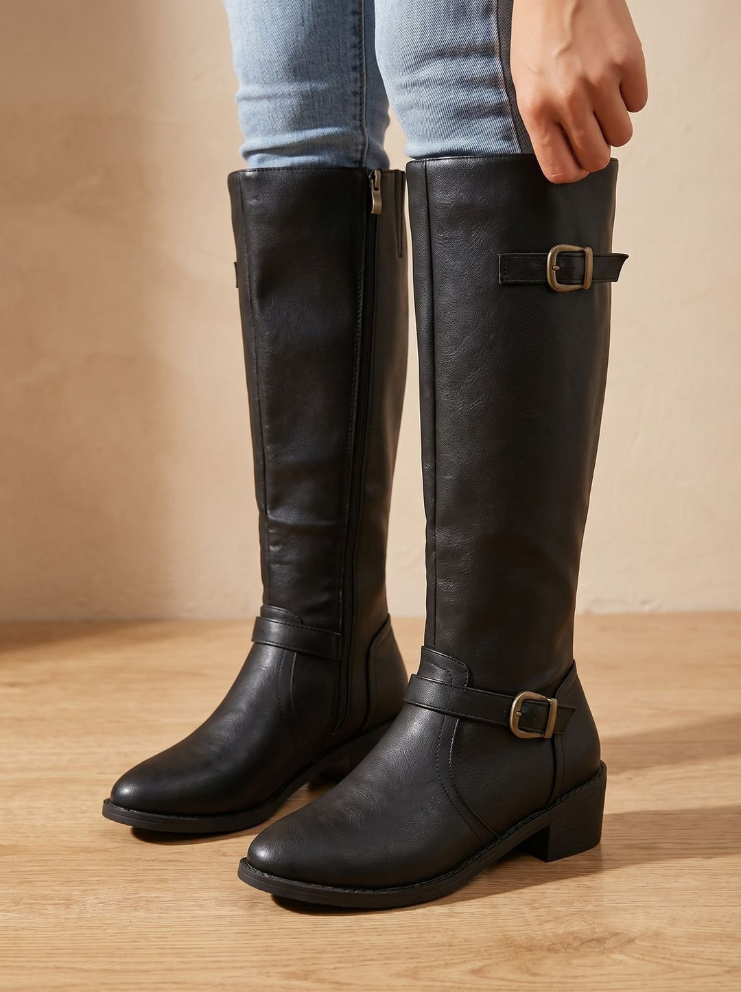 Women's Knee-High Double-Buckle Block-Heel Riding Boots
