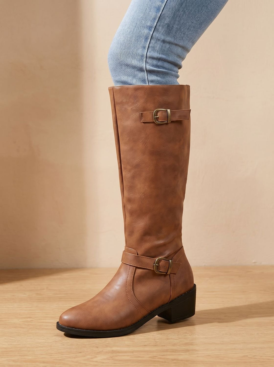 Women's Knee-High Double-Buckle Block-Heel Riding Boots