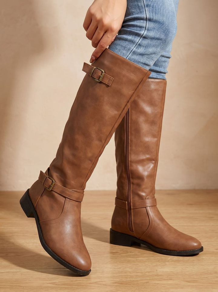 Women's Knee-High Double-Buckle Block-Heel Riding Boots - Brown