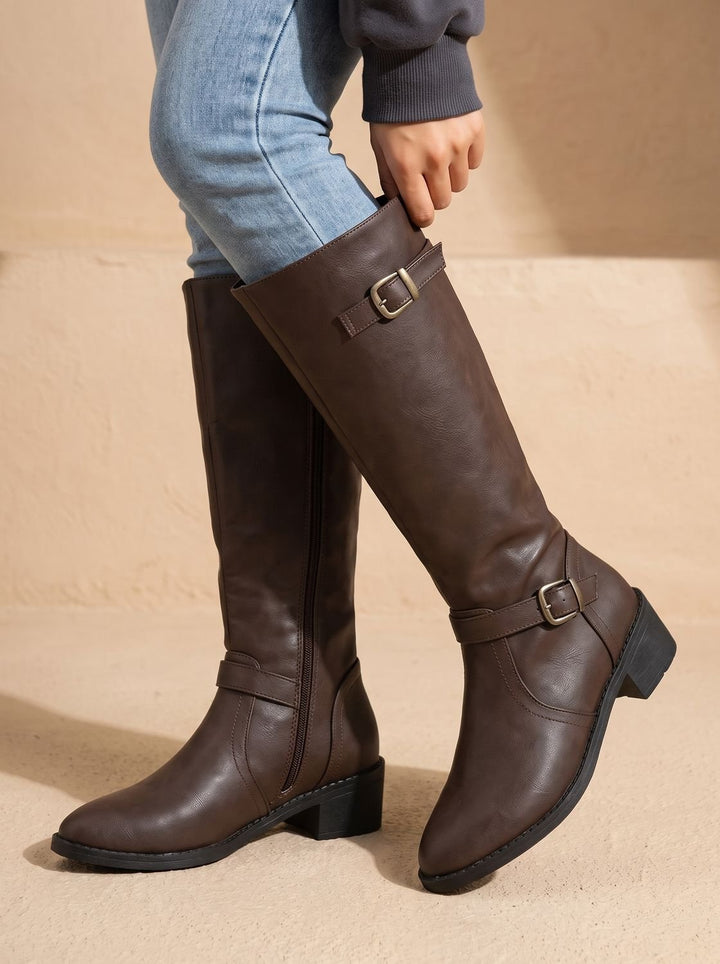 Women's Knee-High Double-Buckle Block-Heel Riding Boots