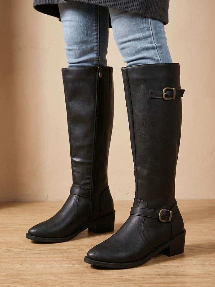 Women's Knee-High Double-Buckle Block-Heel Riding Boots - Black