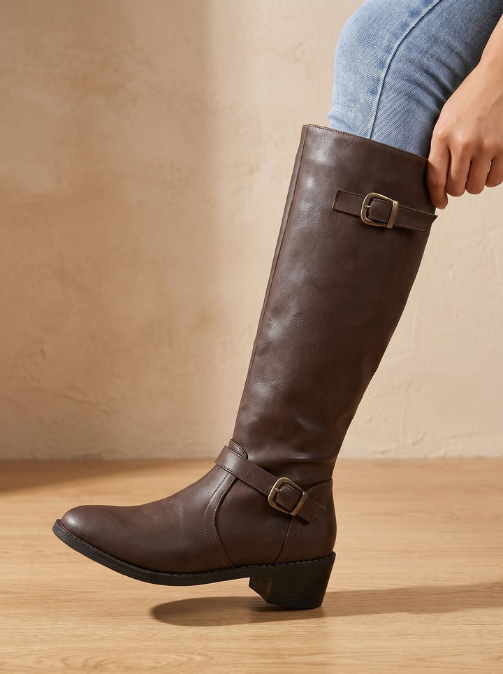 Women's Knee-High Double-Buckle Block-Heel Riding Boots - Dark Brown