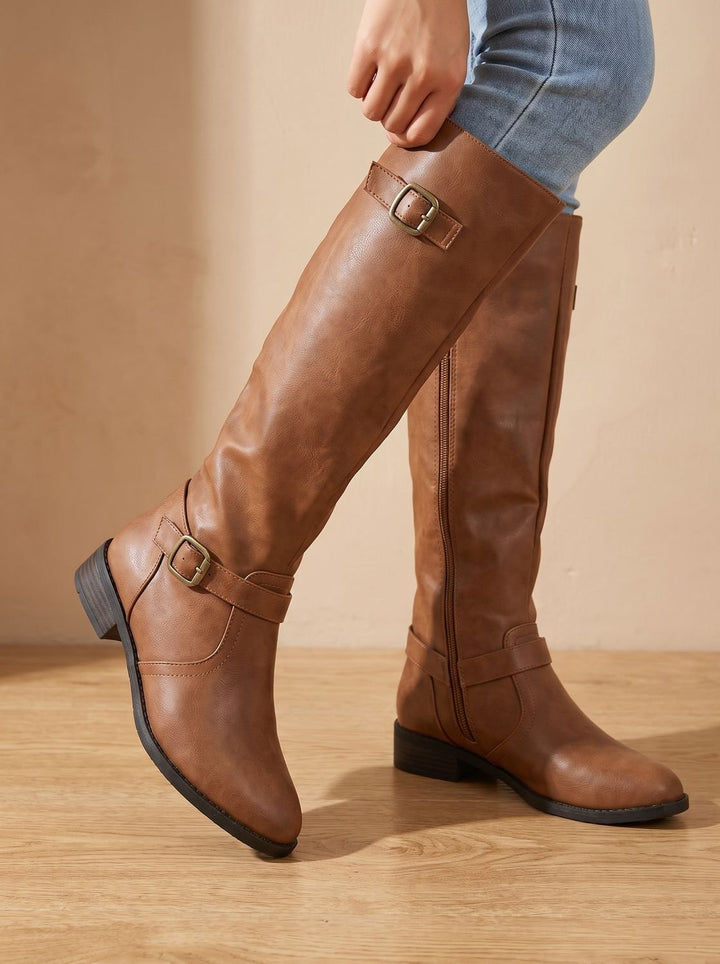Women's Knee-High Double-Buckle Block-Heel Riding Boots