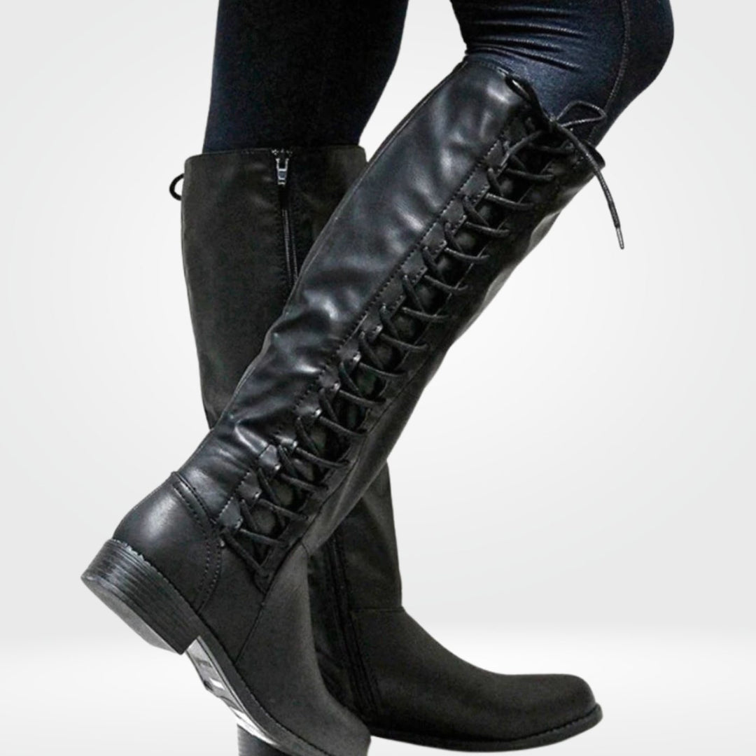 Women's Knee High Lace-Up Back Riding Boots - Black