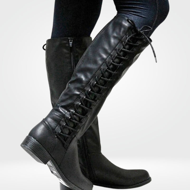 Women's Knee High Lace-Up Back Riding Boots - Black