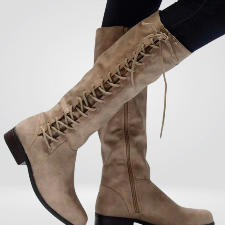 Women's Knee High Lace-Up Back Riding Boots - Beige