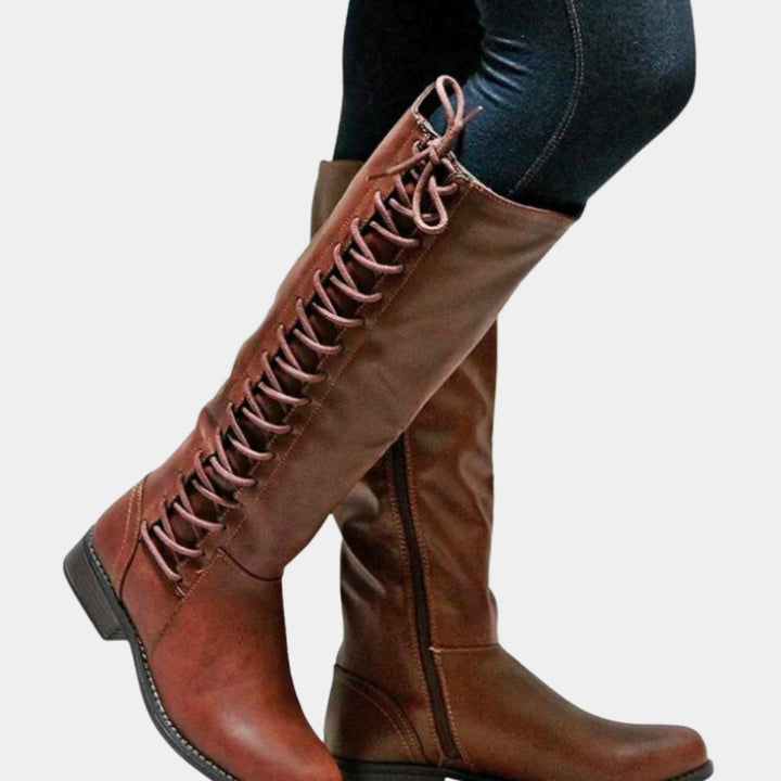 Women's Knee High Lace-Up Back Riding Boots - Brown