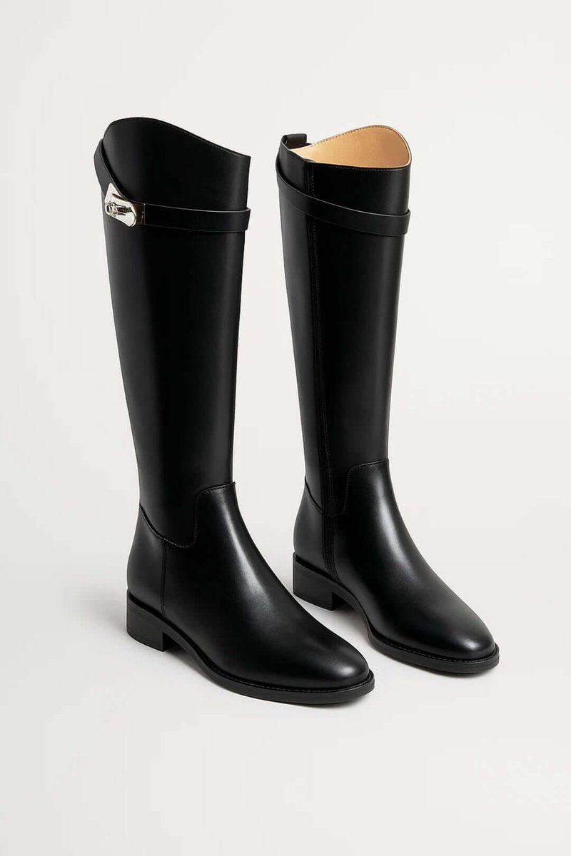 Women's Knee-High Leather Riding Boots Silver Buckle Detail - Black