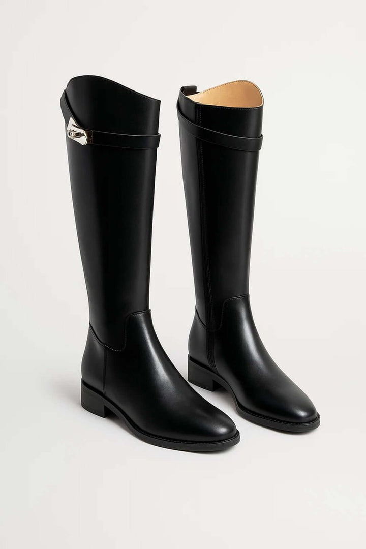 Women's Knee-High Leather Riding Boots Silver Buckle Detail - Black