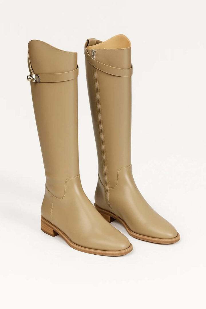 Women's Knee-High Leather Riding Boots Silver Buckle Detail - Beige