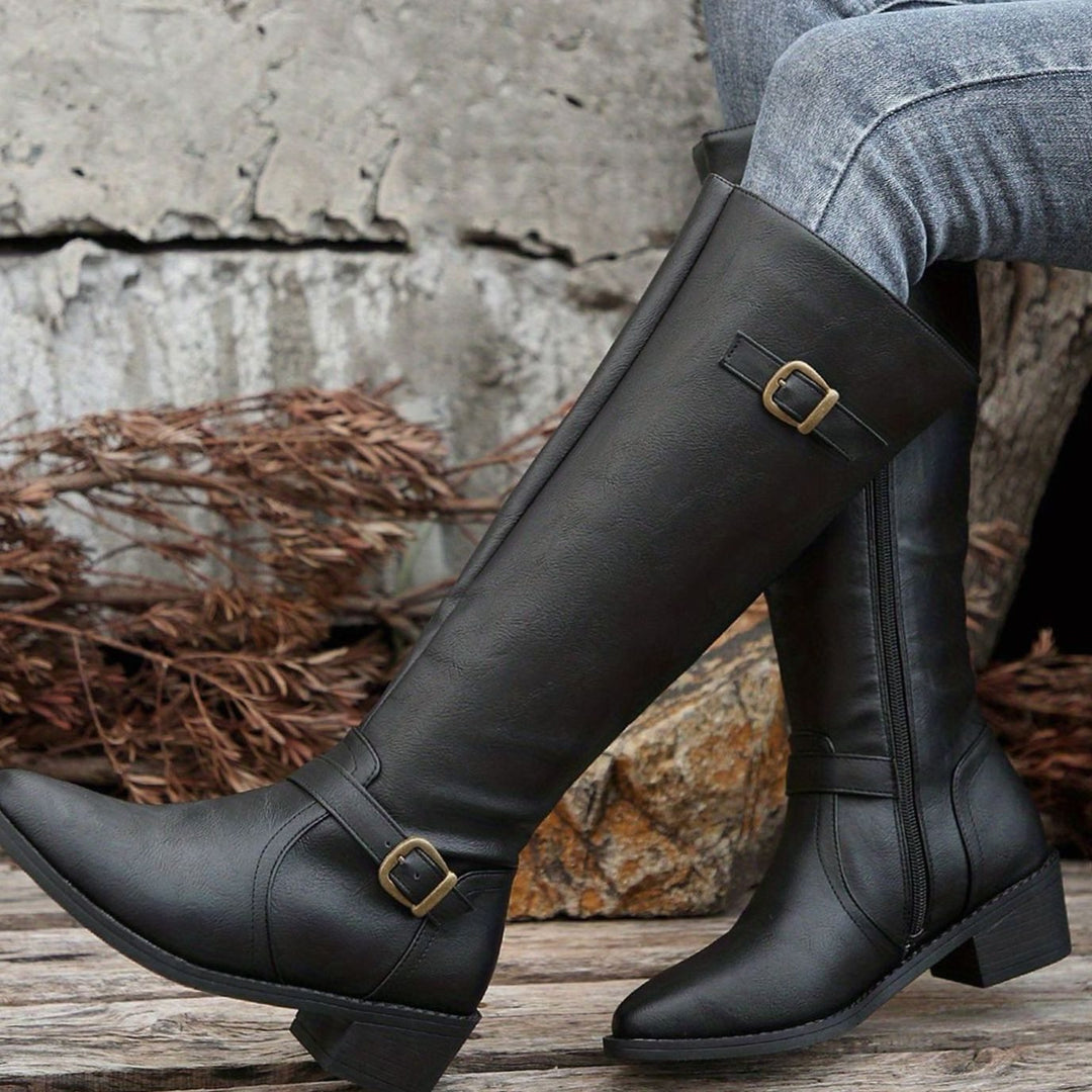 Women's Knee-High Riding Boots Low-Heel Side-Zip Buckle Detail - Black