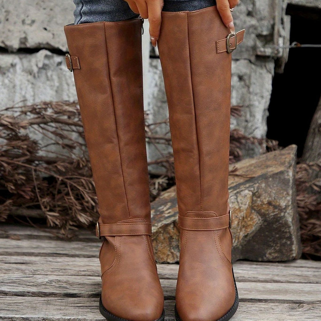 Women's Knee-High Riding Boots Low-Heel Side-Zip Buckle Detail