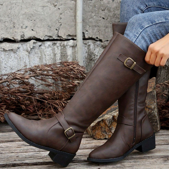 Women's Knee-High Riding Boots Low-Heel Side-Zip Buckle Detail - Dark Brown