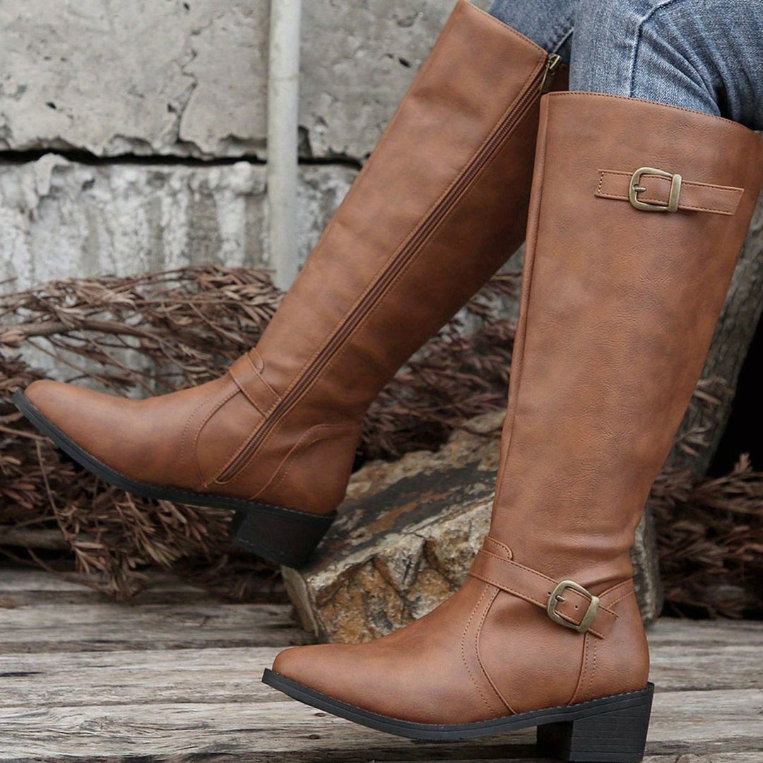 Women's Knee-High Riding Boots Low-Heel Side-Zip Buckle Detail