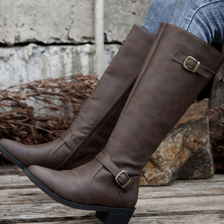 Women's Knee-High Riding Boots Low-Heel Side-Zip Buckle Detail