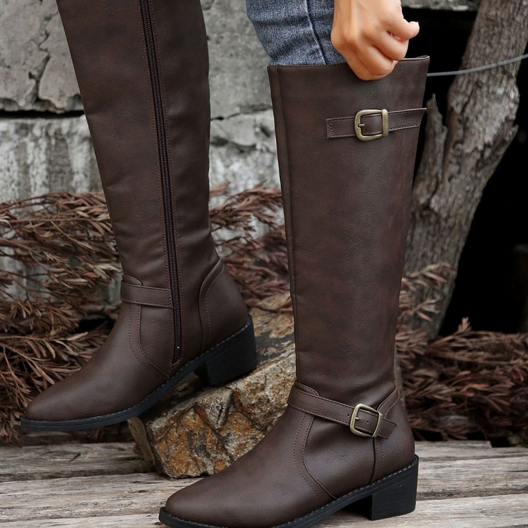Women's Knee-High Riding Boots Low-Heel Side-Zip Buckle Detail