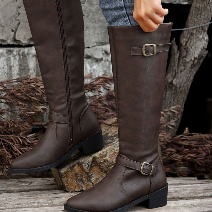 Women's Knee-High Riding Boots Low-Heel Side-Zip Buckle Detail