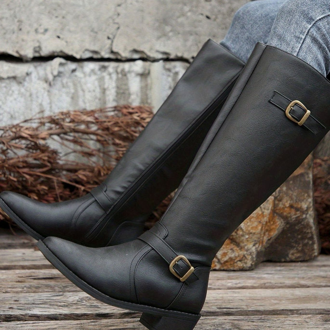 Women's Knee-High Riding Boots Low-Heel Side-Zip Buckle Detail