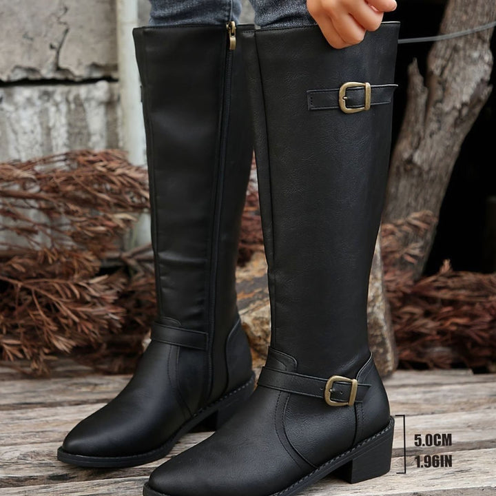 Women's Knee-High Riding Boots Low-Heel Side-Zip Buckle Detail