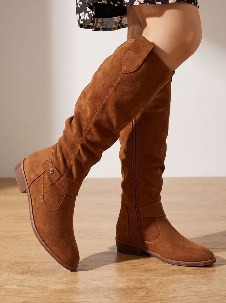 Women's Knee-High Slouch Boots Pointed-Toe Block Heel Pull-On - Dark Brown