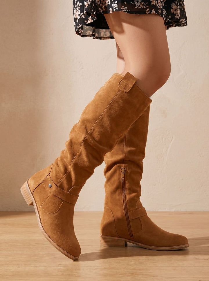 Women's Knee-High Slouch Boots Pointed-Toe Block Heel Pull-On - Light Brown